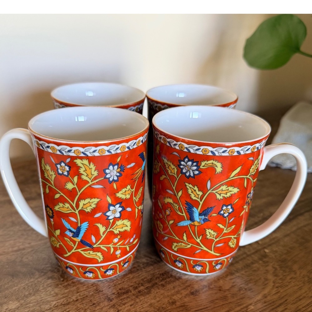Takahashi San‎ Francisco Silk Road Mug Set 4 Red Bird Floral Vintage 1983 Japan